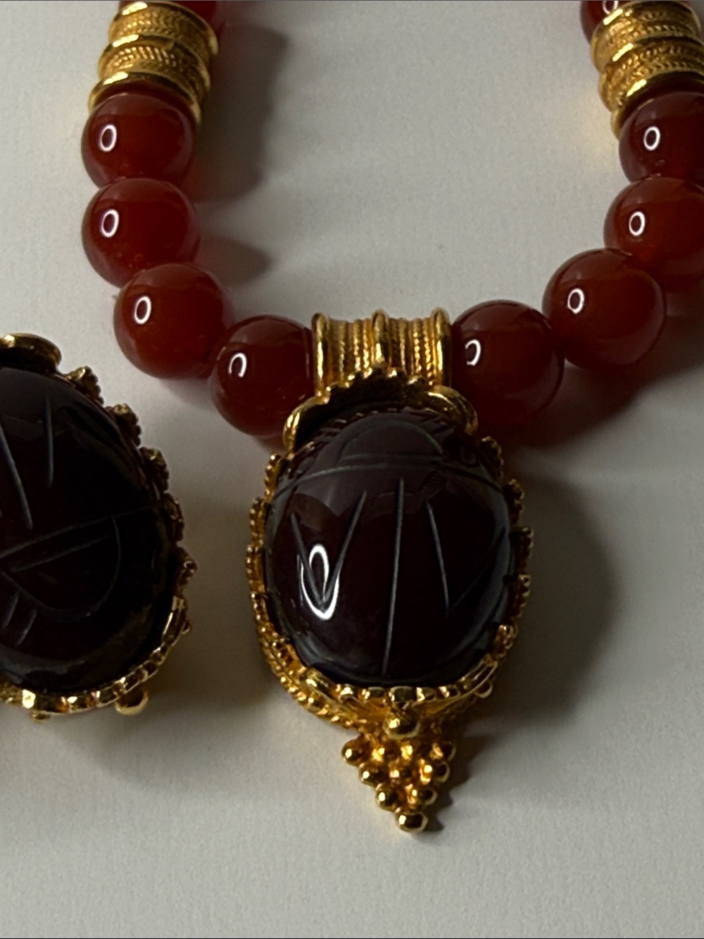 Vintage MMA Carnelian Bead Necklace earring Gold plate Scarab Egyptian revival⭐️ - Picture 14 of 17